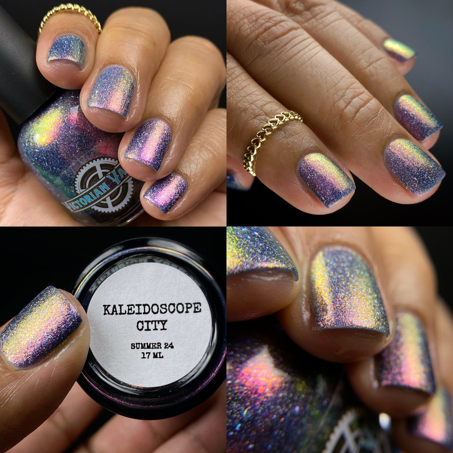 A blurple base with a scattered holo and holo flakies and shimmers ranging all through the prismatic spectrum- this is a holo Kaleidoscopic sibling.